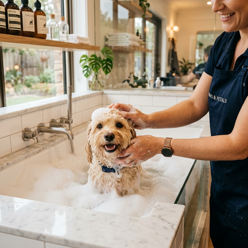 Dog receiving a relaxing professional wash and trim at Sky Pets spa